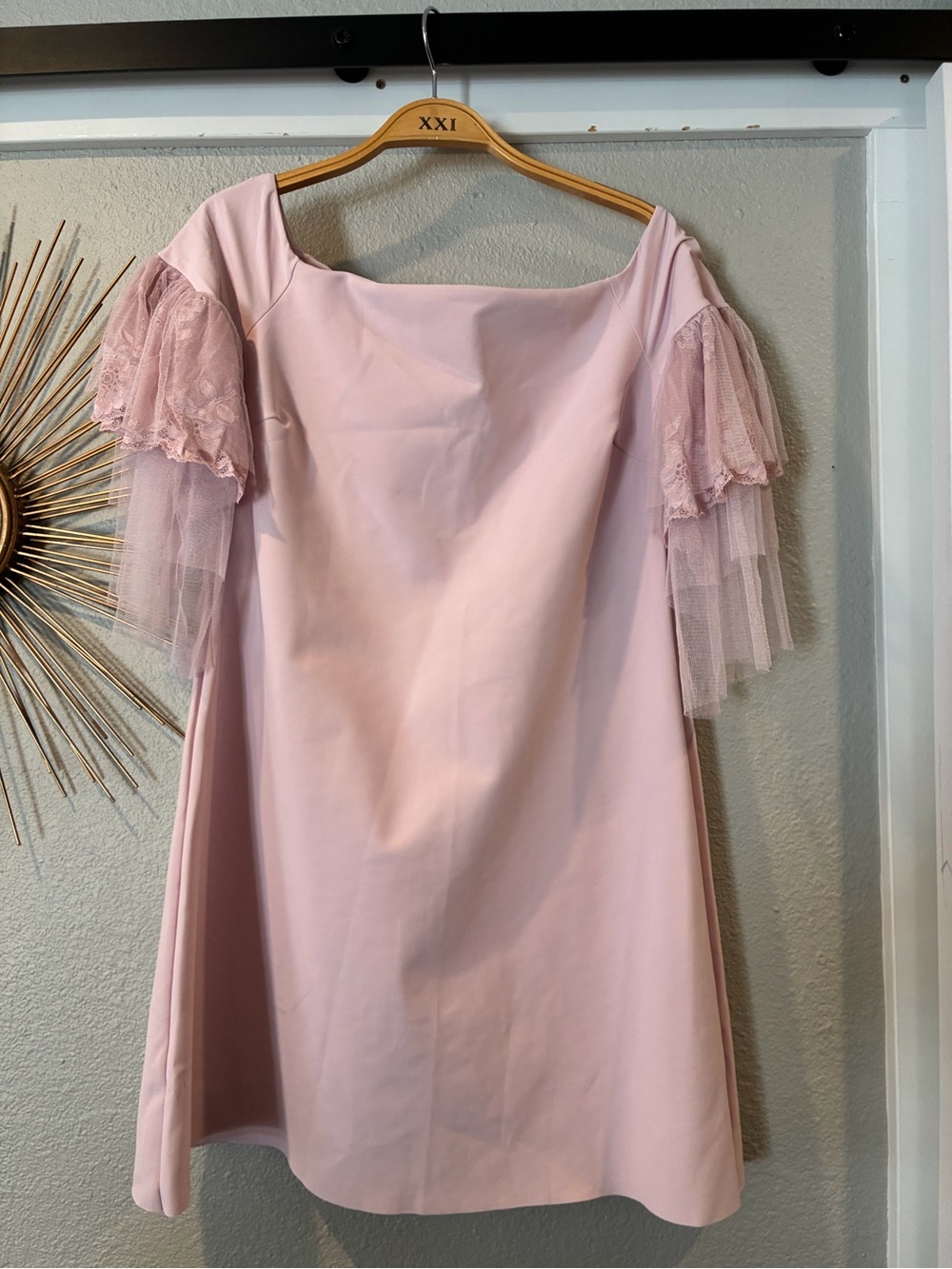 Chiara Boni Pale Pink Off-Shoulder Dress with Lace Tulle Sleeves